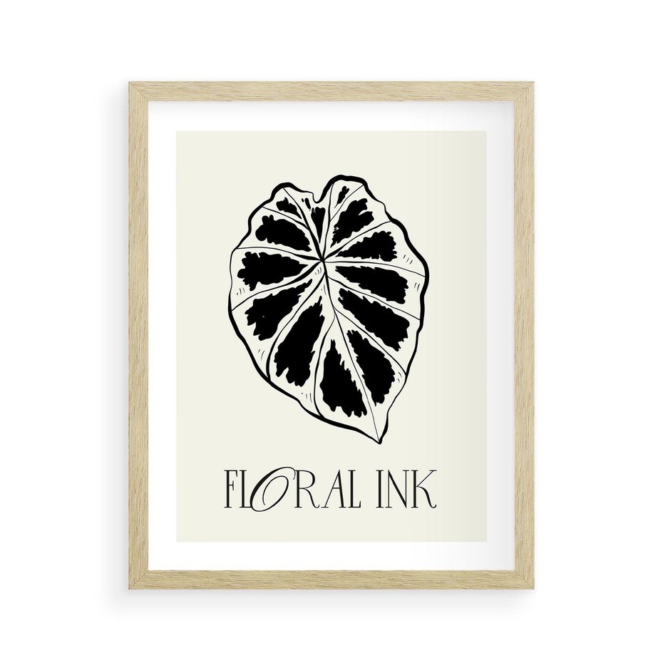 Plakat w ramie 40x50 - Zapisane na liściach wspomnienia - liść, czarny kontur na jasnym tle - rama drewno