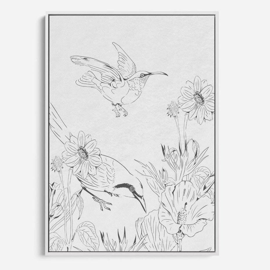 Obraz w ramie 80x120 - Tropiki w Monochromie - czarno biały szkic, tropikalne ptaki - rama biała