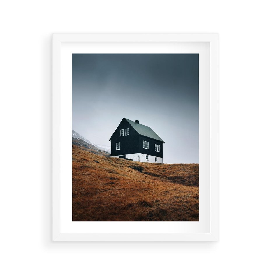 Plakat w ramie 40x50 - Ciepło i Przytulność - skandynawski, domek - rama biała