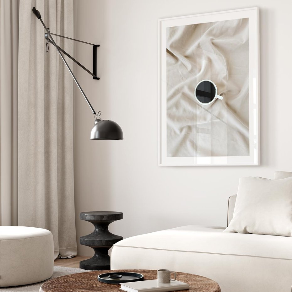 Plakat bez ramy 21x30 - Poranek z Kawą - kawa filiżanka w białej pościeli