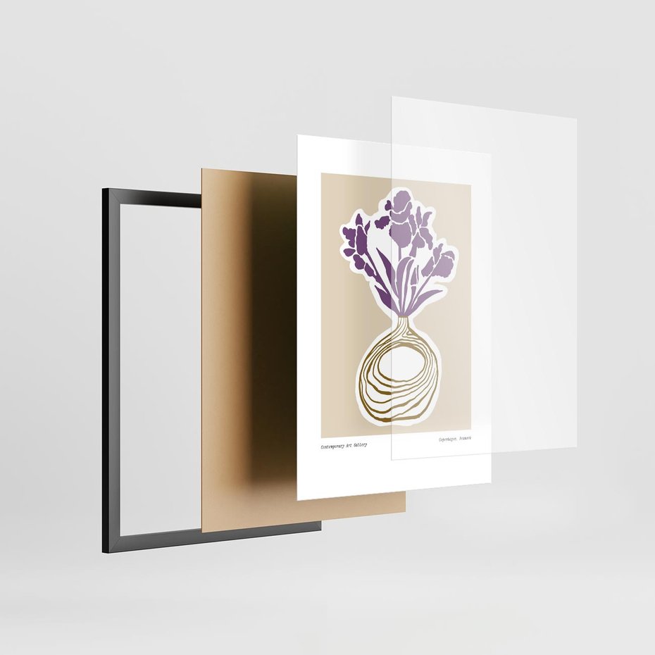 Plakat w ramie 50x70 - Migocące Anomalie - abstrakcyjne liście, kwiaty tropikalne w wazonie - rama czarna