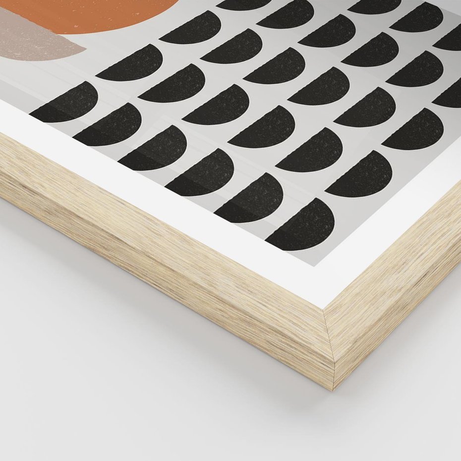 Plakat w ramie 50x70 - Geometryczna Ekspresja - geometryczny graficzny obraz, pomarańczowe koło - rama drewno