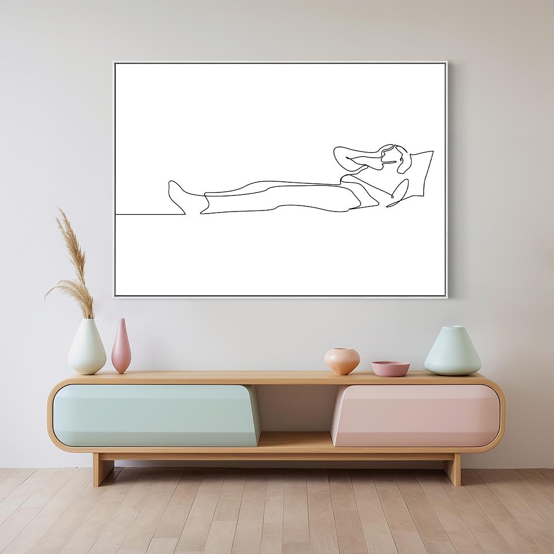 Obraz w ramie 100x70 - Postać na Łóżku - one line art, szkic - rama biała