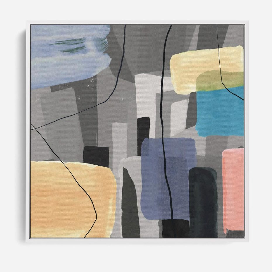 Obraz w ramie 80x80 - Harmonia w chaosie serca - abstrakcja na szarym tle, kolorowe plamy koloru - rama biała