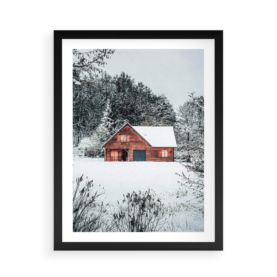 Plakat w ramie 50x70 - Domek w Górach Pokryty Śniegiem - domek w górach, śnieg - rama czarna