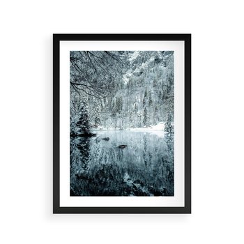 Plakat w ramie 50x70 - Zimowy Raj - zimowy górski krajobraz, jezioro w górach - rama czarna