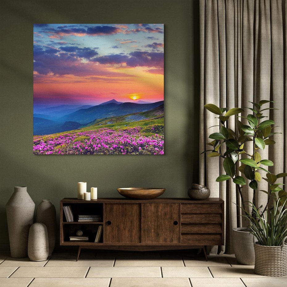 Obraz na płótnie 80x80 - Górski Zachód - góry, łąka