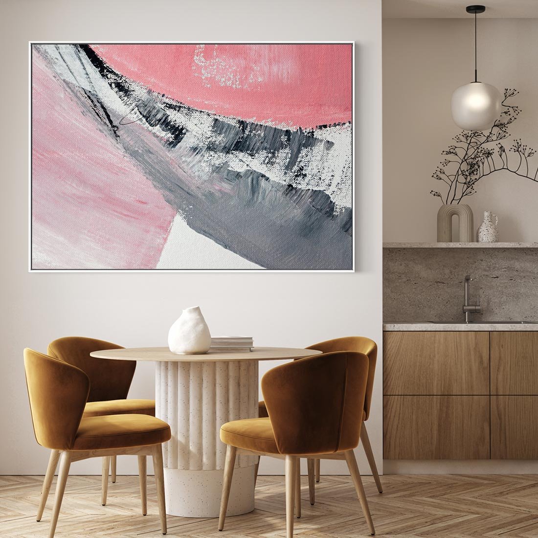 Obraz w ramie 100x70 - Kontrastujący Ruch Emocji - abstrakcyjne pasy farby, kolory róż szary czarny - rama biała