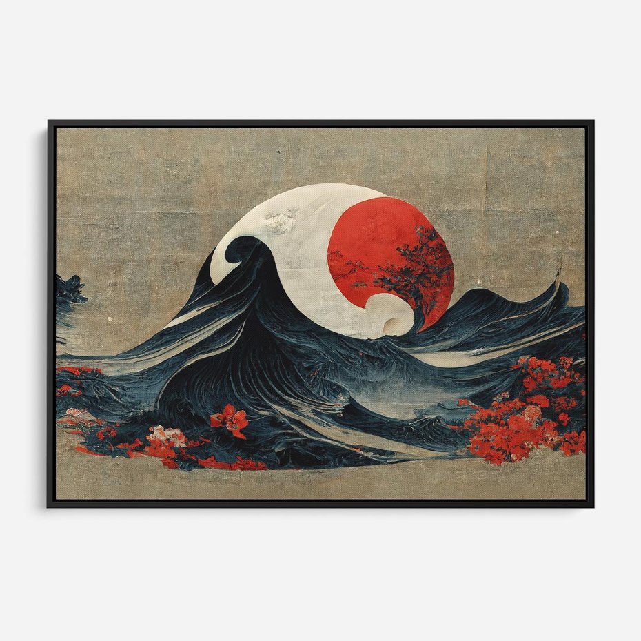 Obraz w ramie 100x70 - Requiem dla marzeń - sztuka japońska, fale oceanu - rama czarna