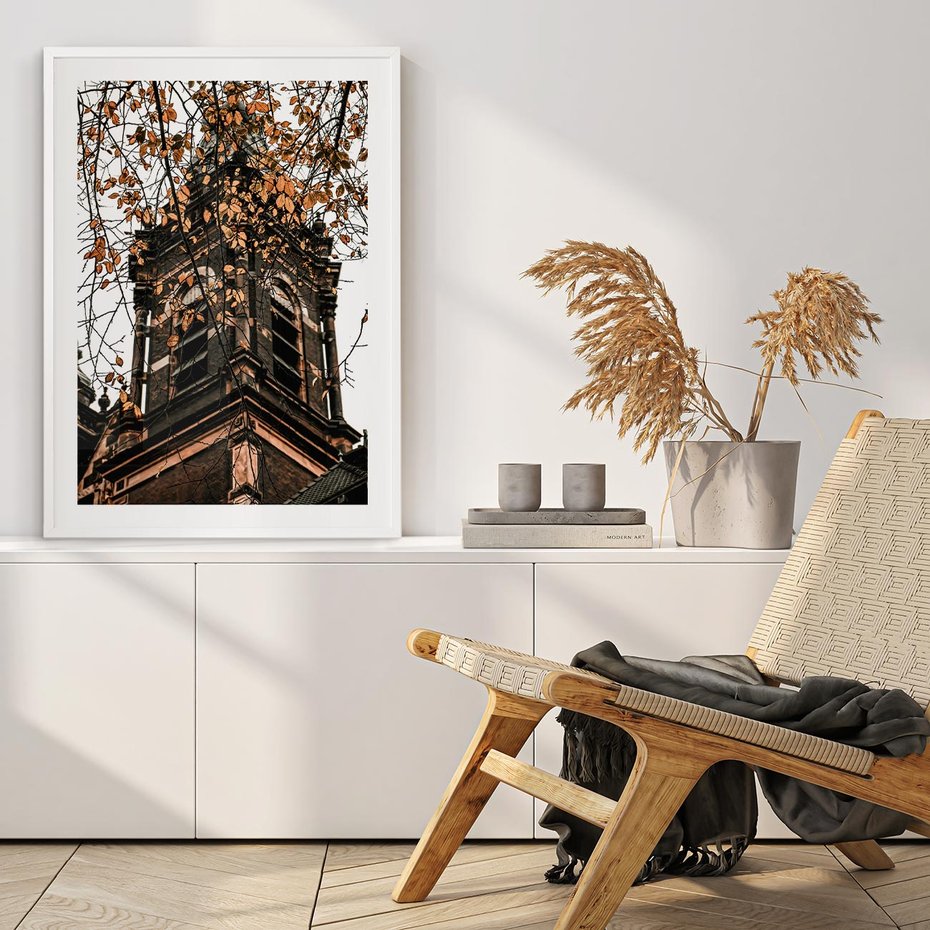 Plakat bez ramy 30x40 - Jesienna Wieża w Liściach - architektura, wieża