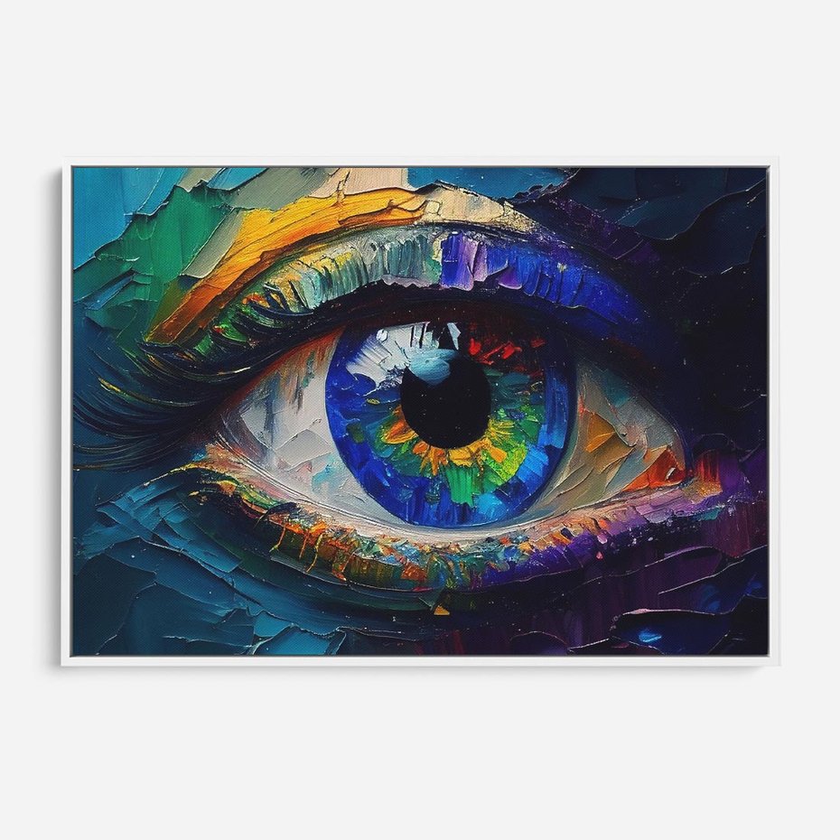Obraz w ramie 70x50 - Mistyka Tęczowego Oka - oko, obraz olejny - rama biała