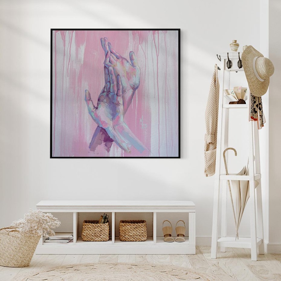 Obraz w ramie 50x50 - Splecione - obraz olejny, pastelowe kolory - rama czarna