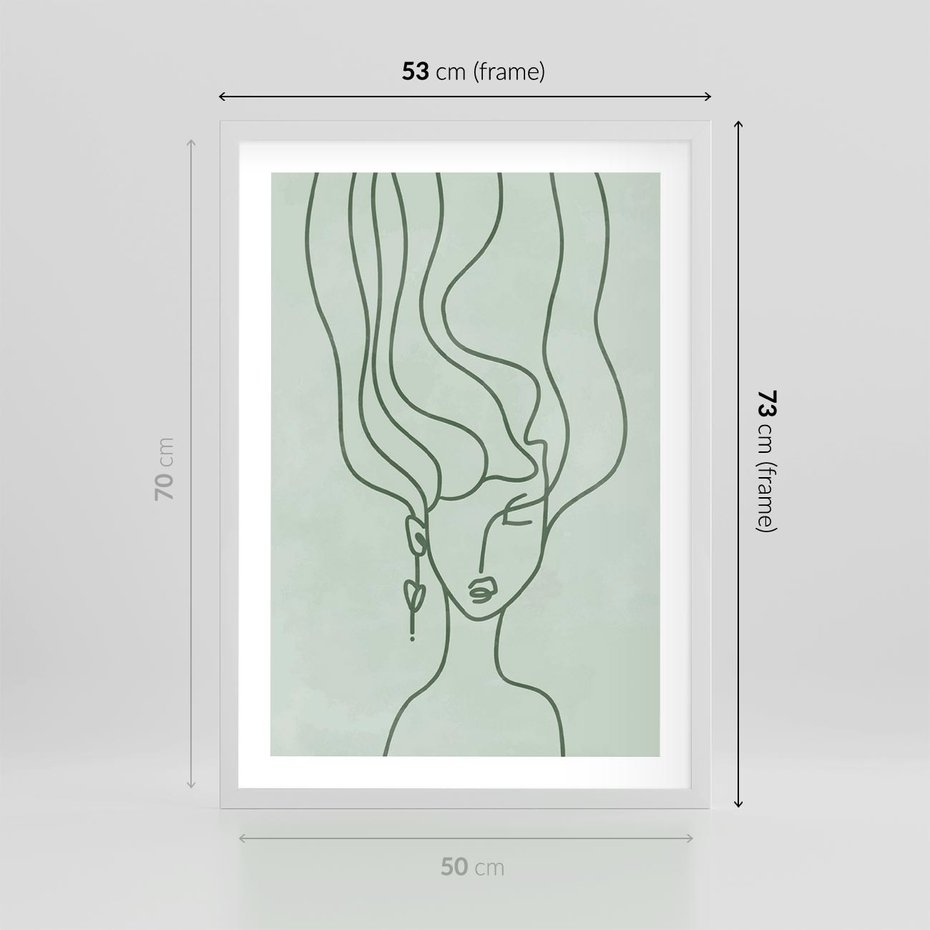 Plakat w ramie 50x70 - Spokojne Objęcia Natury - abstrakcja, zielony szkic - rama biała