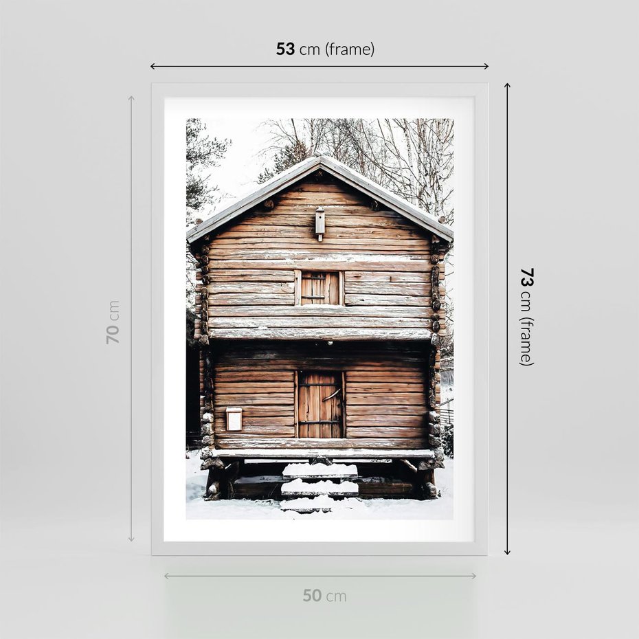 Plakat w ramie 50x70 - Śnieżny Ustronny Raj - domek w górach, śnieg - rama biała