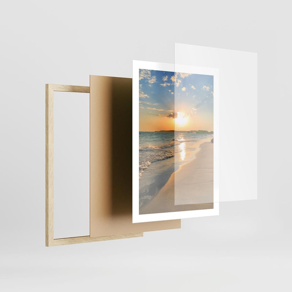 Plakat w ramie 50x70 - Zachód słońca na plaży - plaża, zachód - rama drewno