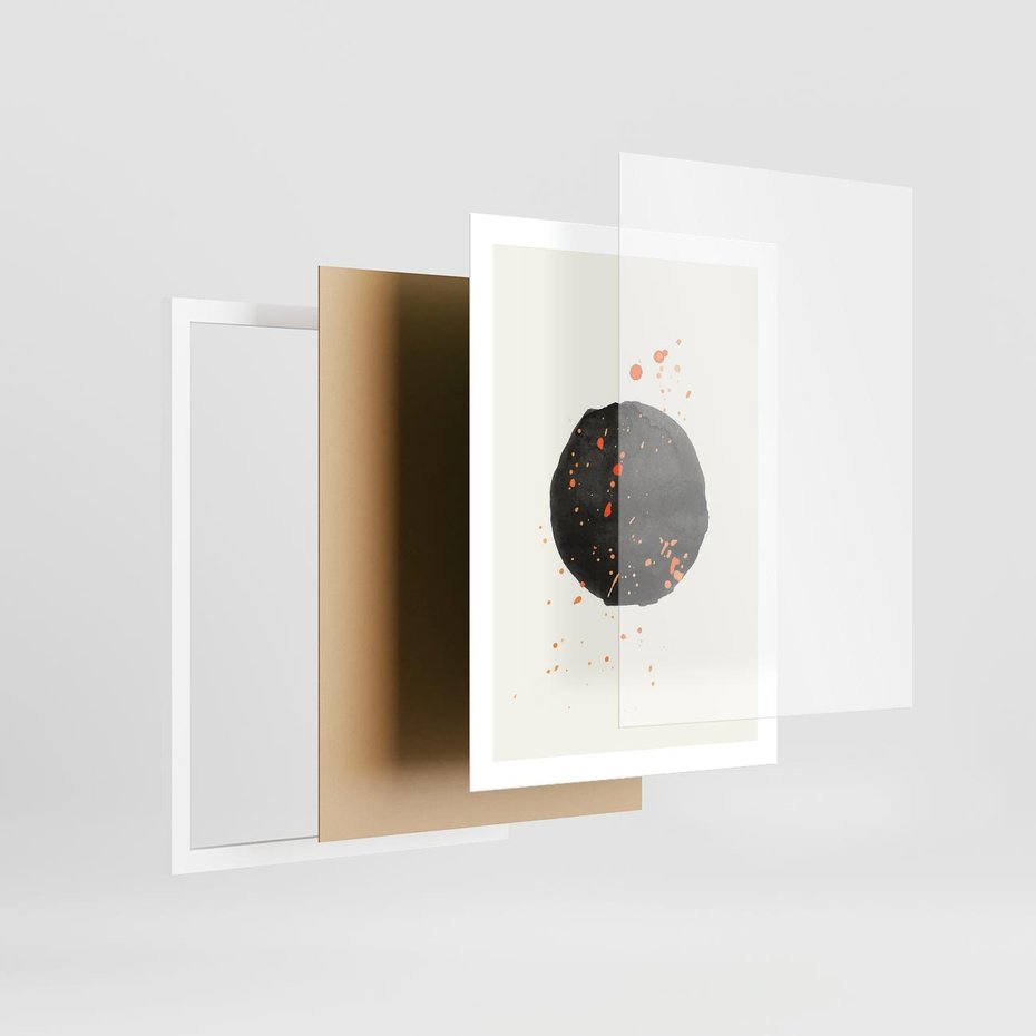 Plakat w ramie 50x70 - Wibracje Kolorów - abstrakcyjna czarna plama, rozsiane pomarańczowe kropki - rama biała