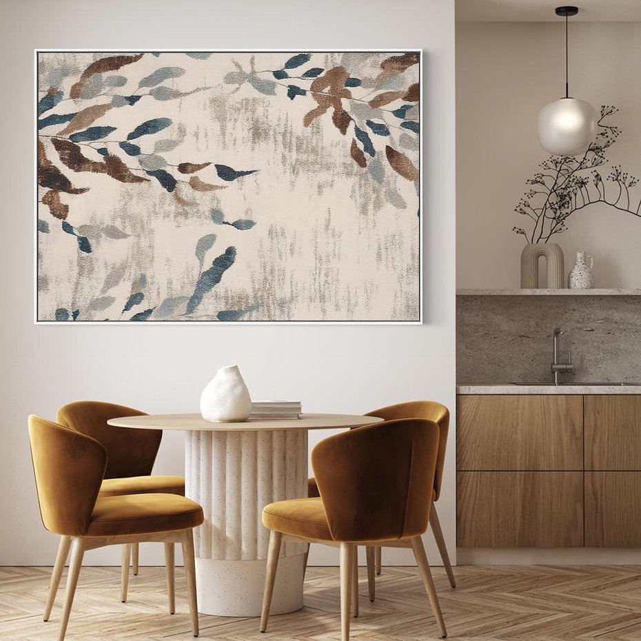 Obraz w ramie 120x80 - Refleksje liściowych barw - abstrakcyjne kształty, przypominają liście - rama biała