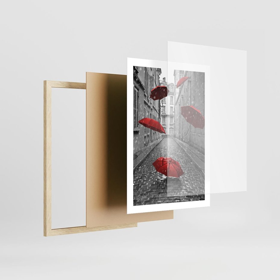 Plakat w ramie 50x70 - Parasole w malowniczej uliczce - parasole, uliczka - rama drewno