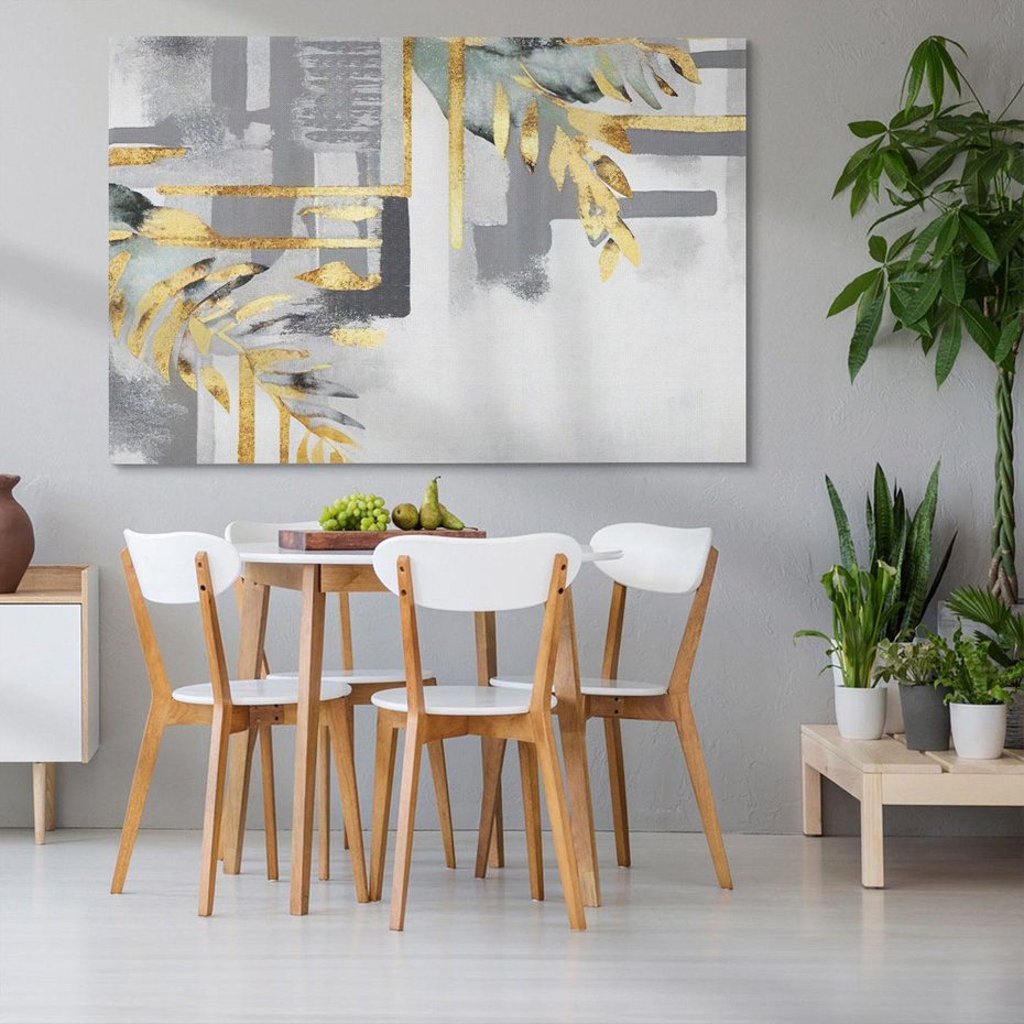 Obraz na płótnie 70x50 - Złote Palmy w Stylu Modern - geometryczne złote linie, szare tło