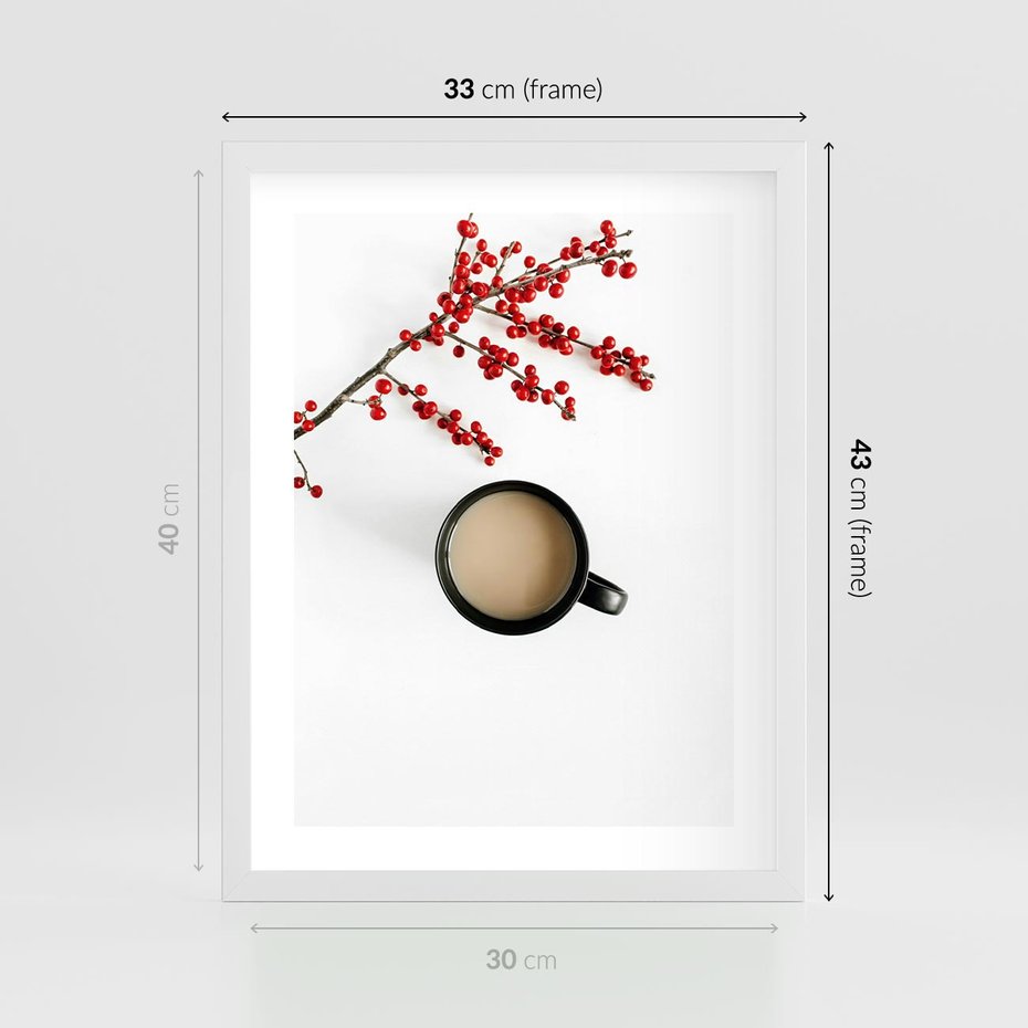 Plakat w ramie 30x40 - Filiżanka Kawy z Gałązką Jarzębiny - kawa, gałązka jarzębiny - rama biała