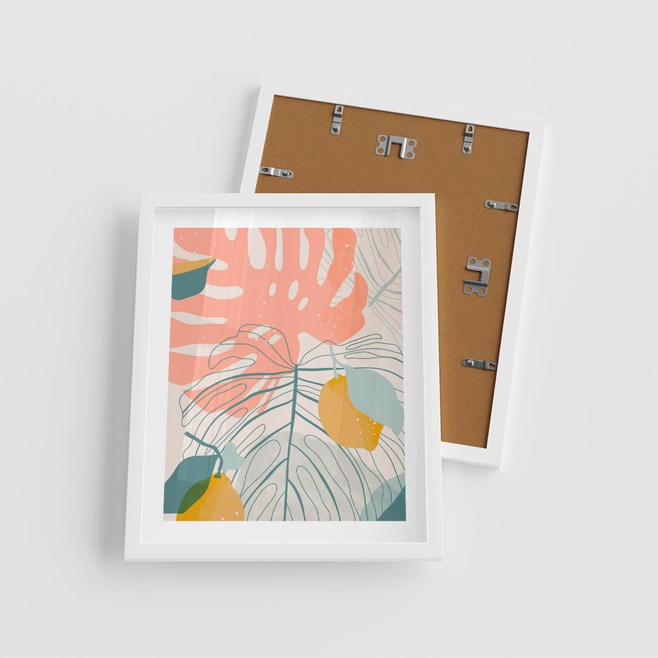 Plakat w ramie 40x50 - Sztuka Natury: Liście Monstery w Pastelach - nowoczesna grafika, pastelowe liście monstery - rama biała