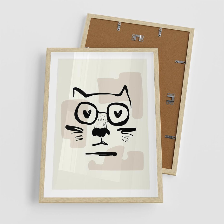 Plakat w ramie 50x70 - Minimalistyczny Kot: Czarna Kreska - kot, grafika - rama drewno