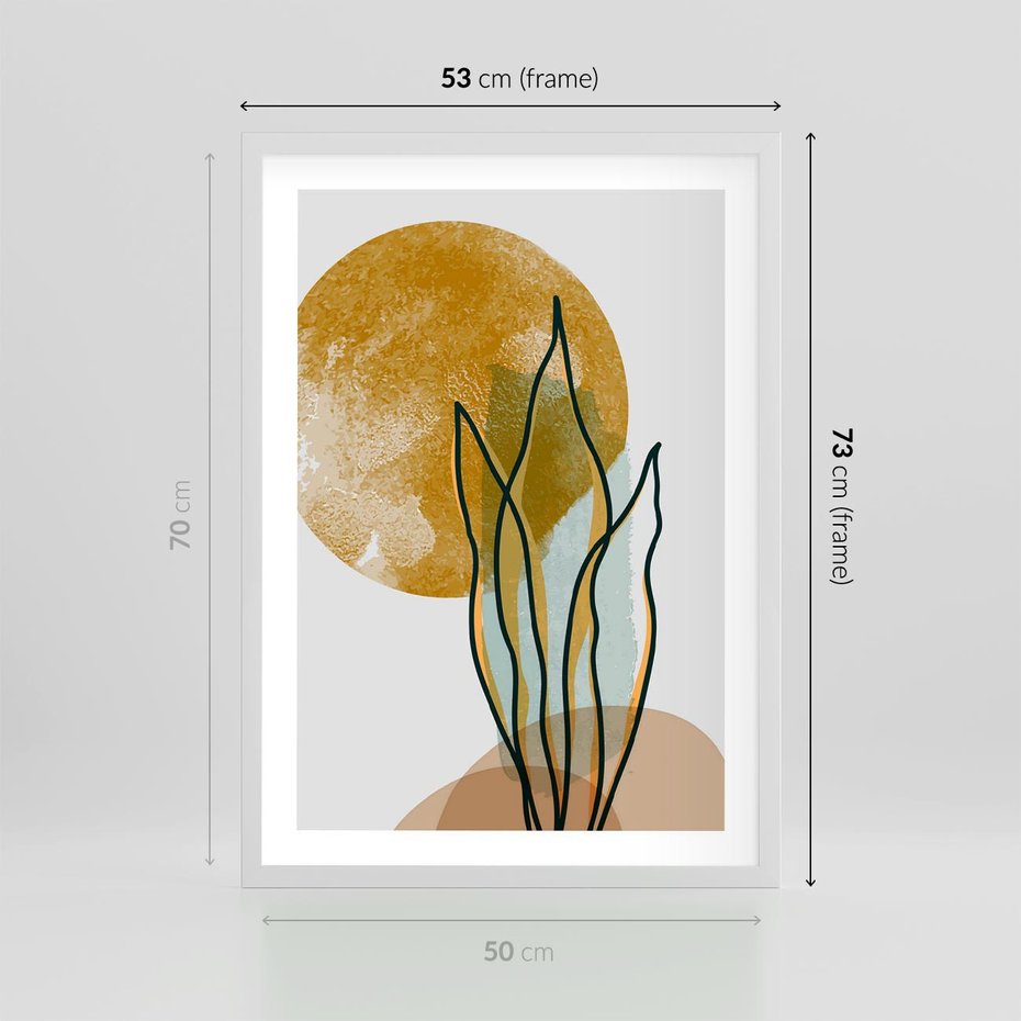 Plakat w ramie 50x70 - Światło Natury: Graficzne Liście i Złote Słońce - grafika, graficzne liście - rama biała