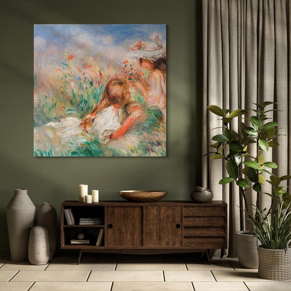 Obraz na płótnie 70x70 - Girls in the Grass Arranging a Bouquet, Pierre-Auguste Renoir - Reprodukcja - reprodukcja, obraz na płótnie