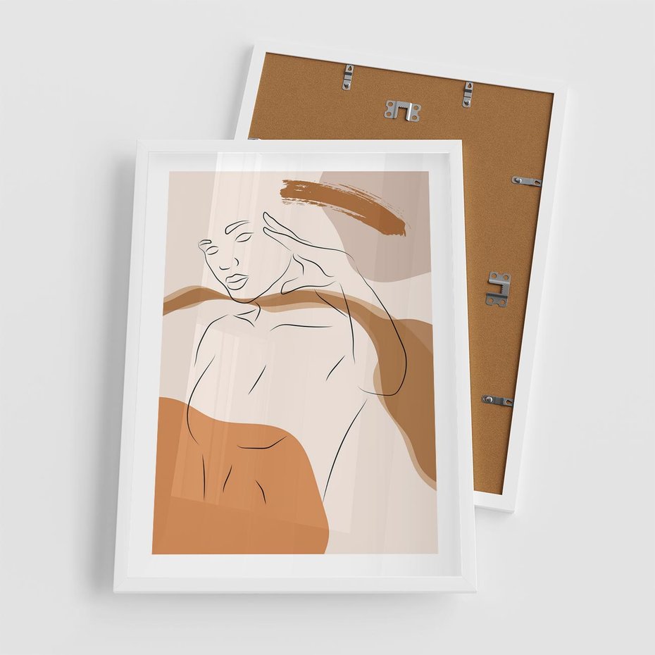 Plakat w ramie 50x70 - Sztuka Piękna w Beżach i Brązach - szkic jedną linią, naga kobieta - rama biała