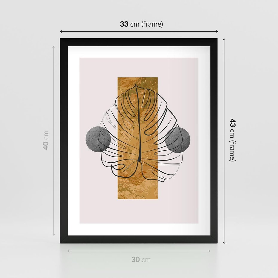 Plakat w ramie 30x40 - Minimalistyczna Monstera: Złoty Prostokąt - liść monstery, minimalizm - rama czarna