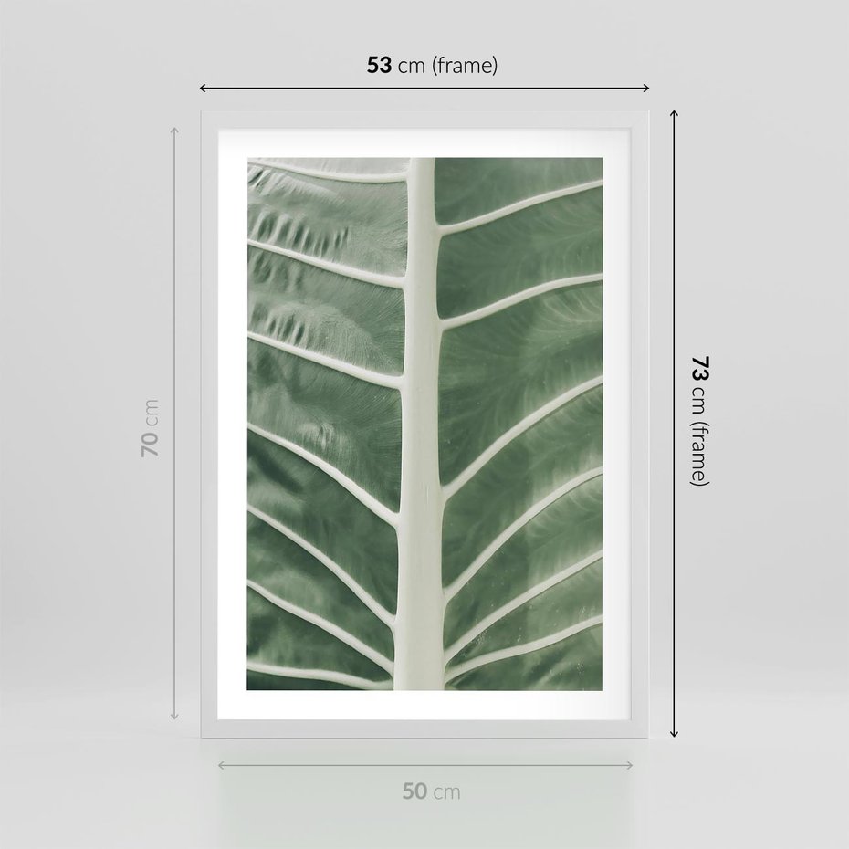 Plakat w ramie 50x70 - Zielone Wielkości: Zbliżenie Liścia - zbliżenie duz liść, jasna zieleń - rama biała