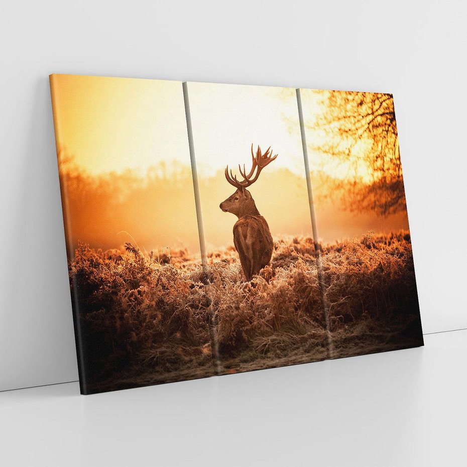 Obraz na płótnie 120x80 - Magia jesiennego słońca: Jeleń w promieniach - jeleń, jesień