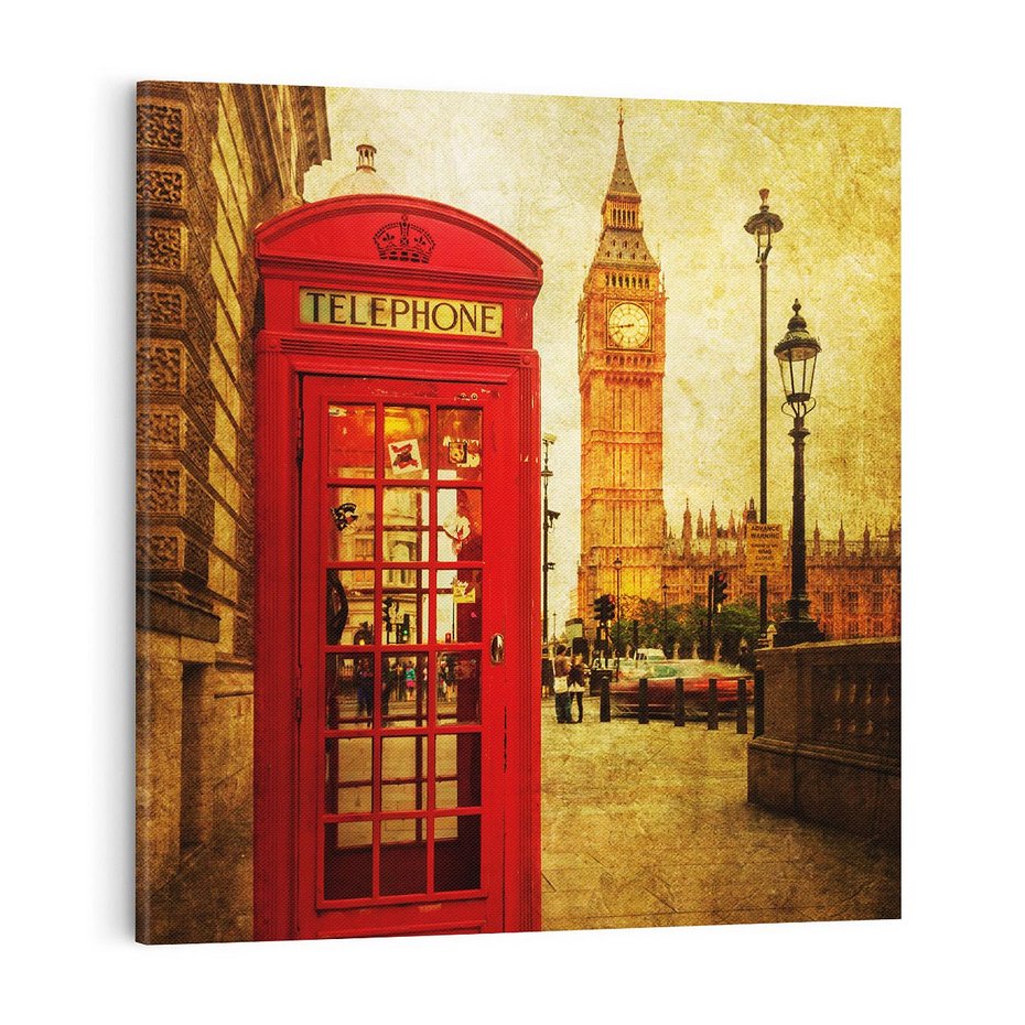 Obraz na płótnie 70x70 - Ikoniczna budka telefoniczna w Londynie - sepia, budka