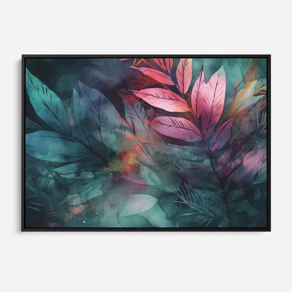 Obraz w ramie 70x50 - Subtelne Zielone - pastelowe zielone liście, róż - rama czarna