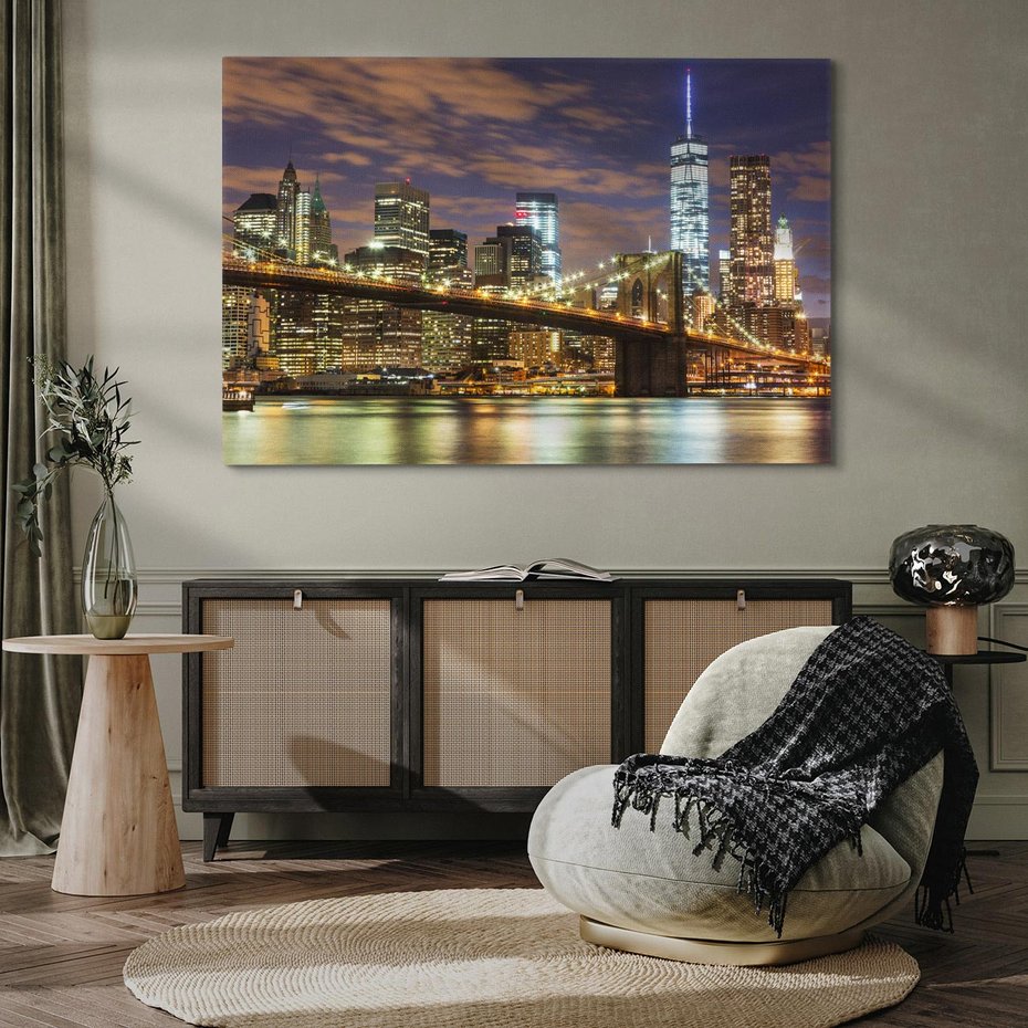 Obraz na płótnie 70x50 - Most Manhattan nocą: Niezwykła Widok - most, Nowy Jork