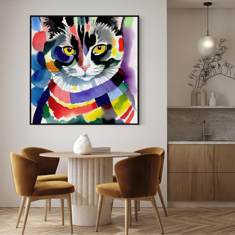 Obraz w ramie 50x50 - Koci Przyjaciel - abstrakcyjny obraz, akwarela - rama czarna