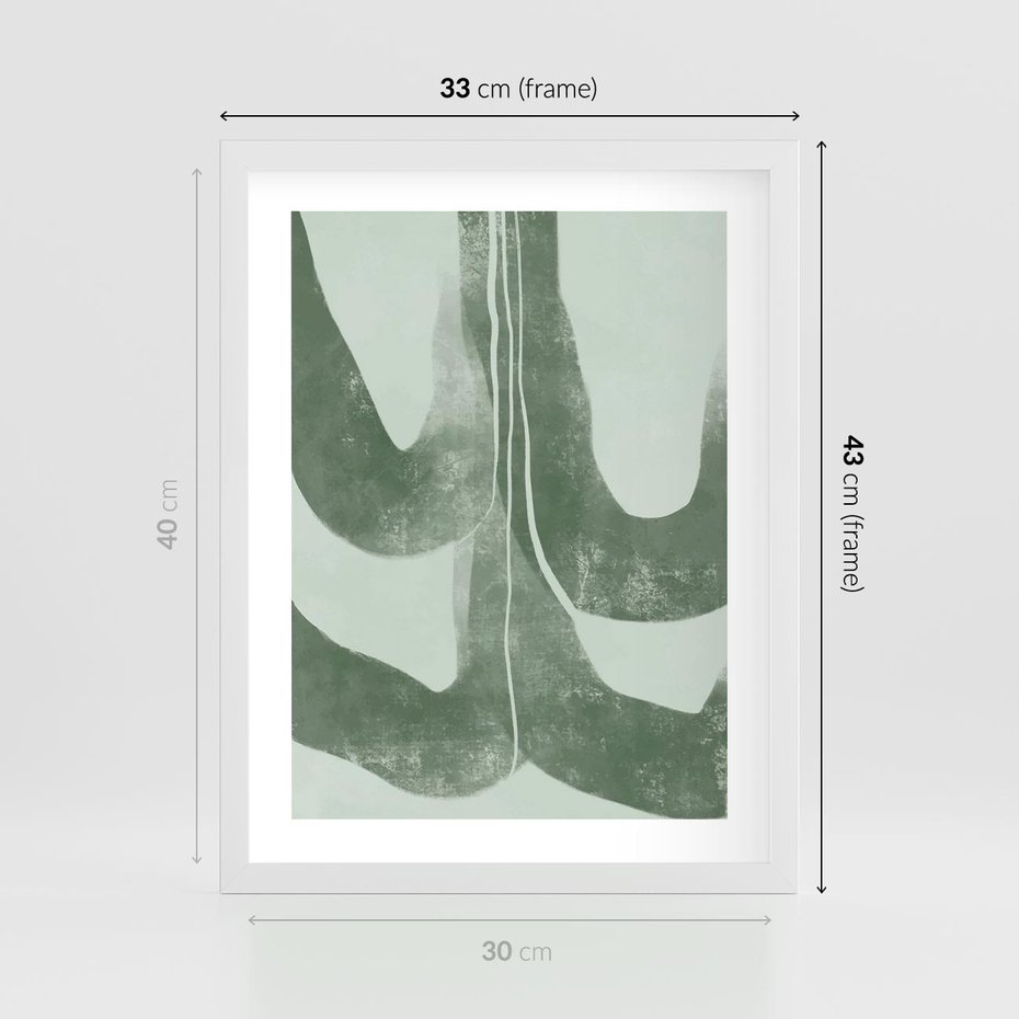 Plakat w ramie 30x40 - Nurtująca Kompozycja Zieleni - abstrakcyjne delikatne zielone linie, podobne do gałęzi kwiatów - rama biała