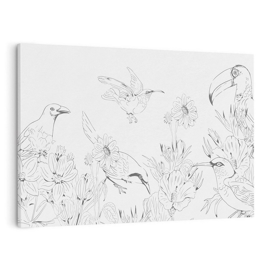 Obraz na płótnie 70x50 - Tropiki w Monochromie - czarno biały szkic, tropikalne ptaki