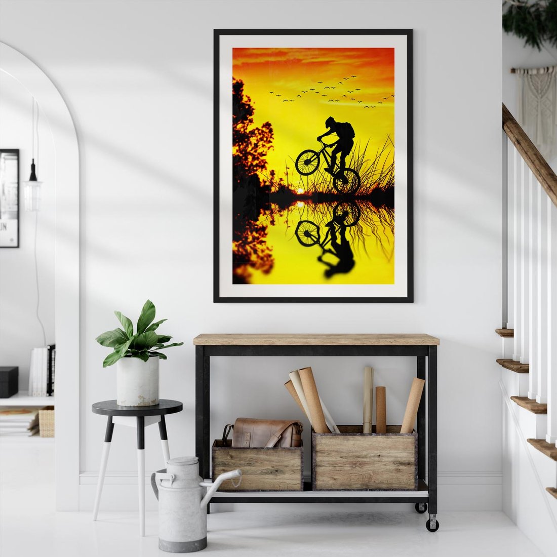 Plakat w ramie 50x70 - Rower przy zachodzie słońca - rower, zachód - rama czarna