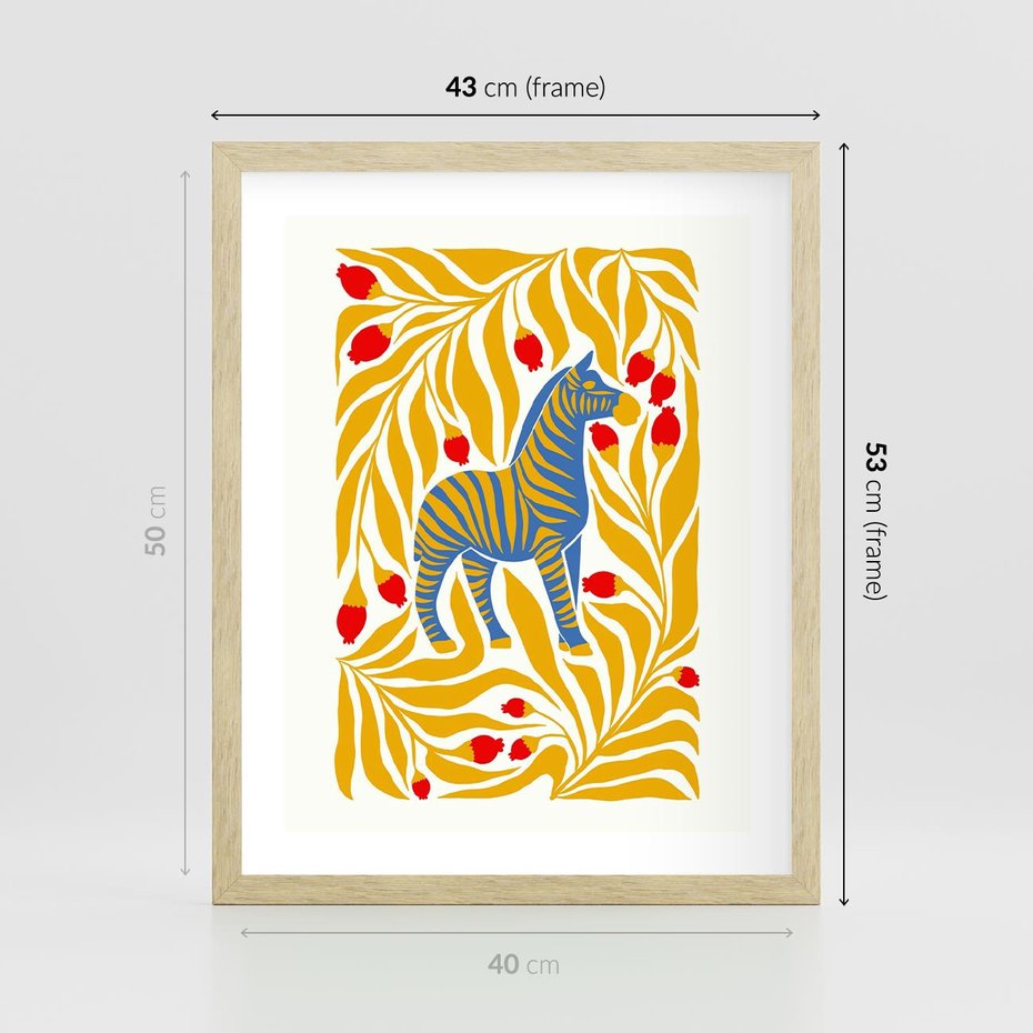 Plakat w ramie 40x50 - Zebra w Nowoczesności - abstrakcyjna nowoczesna grafika, pośrodku zebra - rama drewno