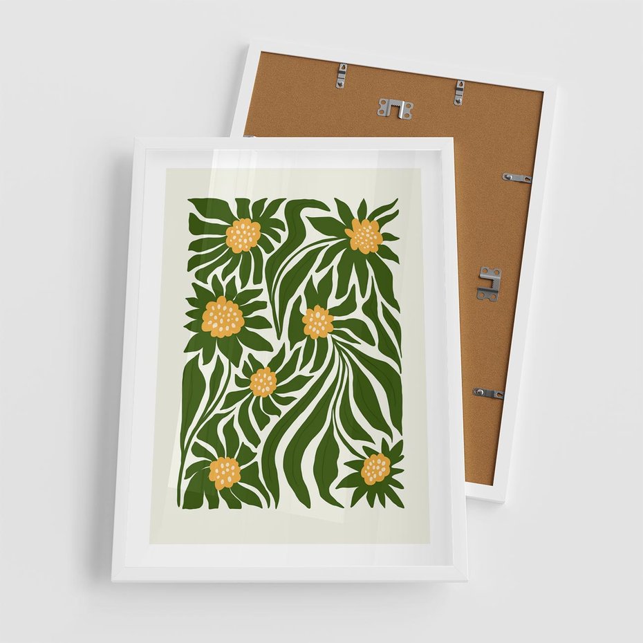 Plakat w ramie 50x70 - Spojrzenie wgłąb roślinnego świata - abstrakcyjne kwiaty, kompozycja - rama biała