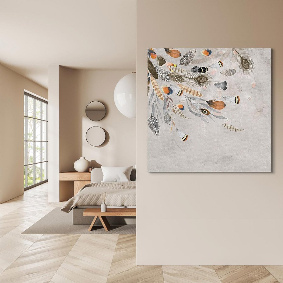 Obraz na płótnie 40x40 - Sploty losu na płótnie - kompozycja boho piór, indiańskie pióra