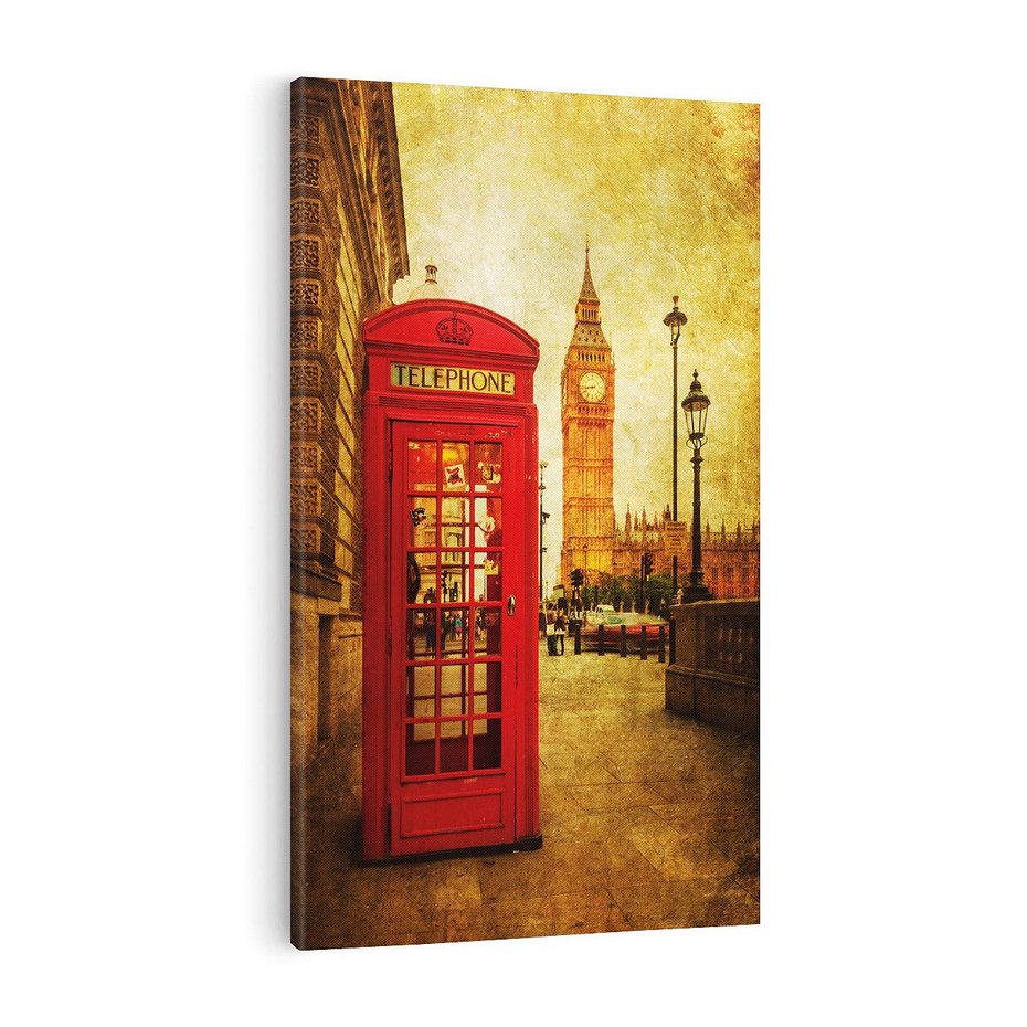Obraz na płótnie 70x100 - Ikoniczna budka telefoniczna w Londynie - sepia, budka