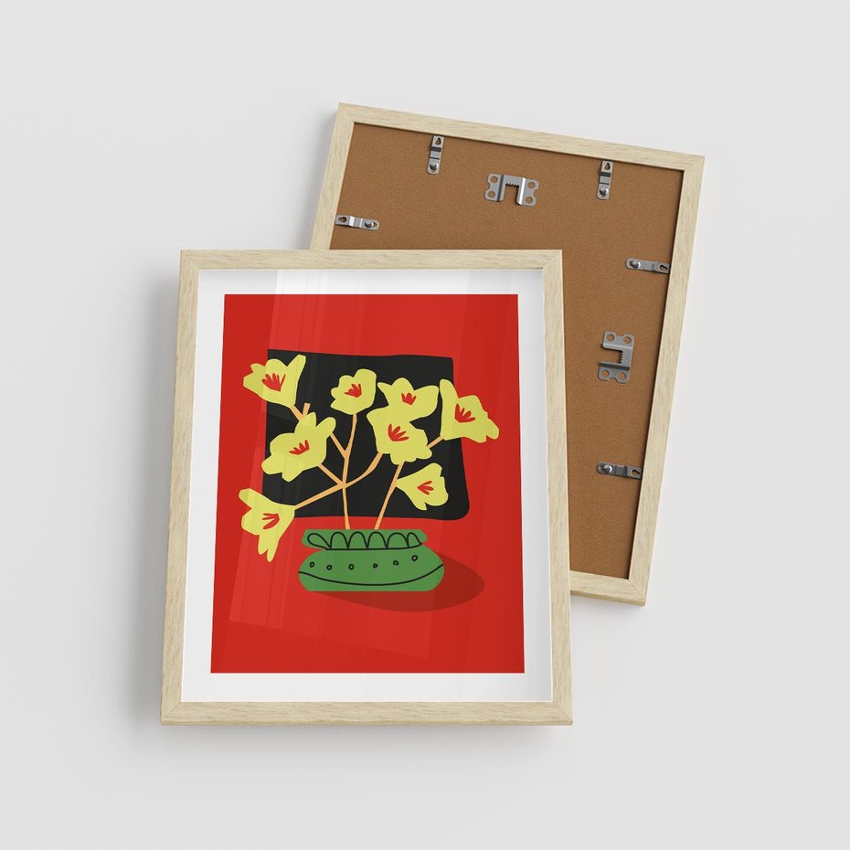 Plakat w ramie 40x50 - Abstrakcyjne Przenikanie - abstrakcyjne kwiaty, czerwone tło - rama drewno