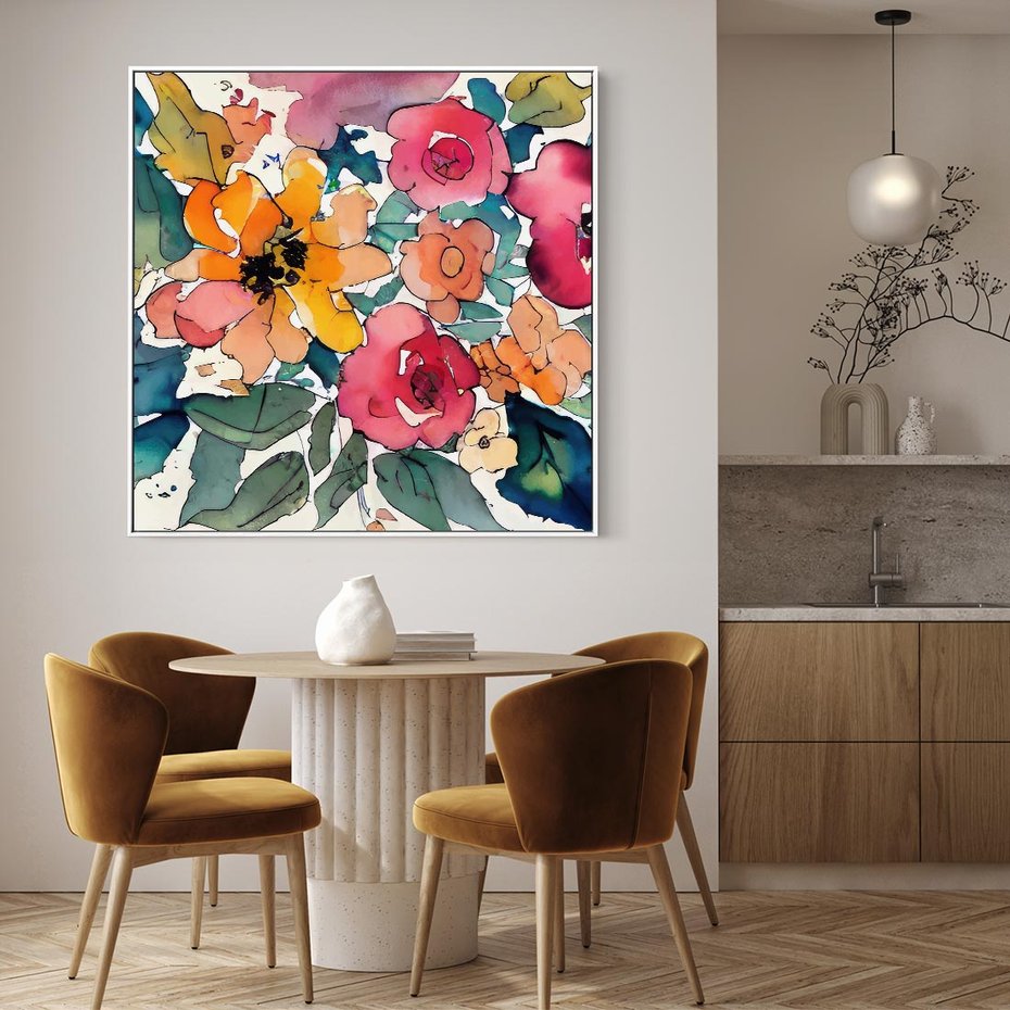 Obraz w ramie 80x80 - Kwiatowy Impuls Kolorów - abstrakcyjne kolorowe kwiaty, szkic - rama biała