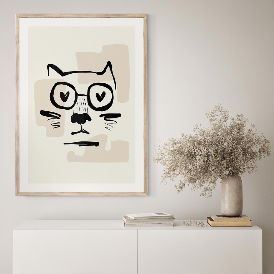 Plakat w ramie 50x70 - Minimalistyczny Kot: Czarna Kreska - kot, grafika - rama drewno
