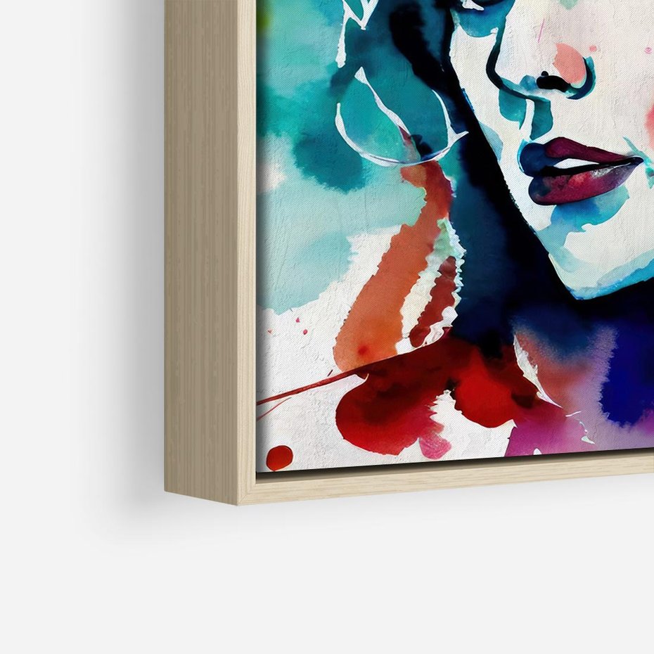 Obraz w ramie 50x50 - Abstrakcyjna ekstaza barw - abstrakcyjny portret kobiety, szkic czarną kreską - rama drewno