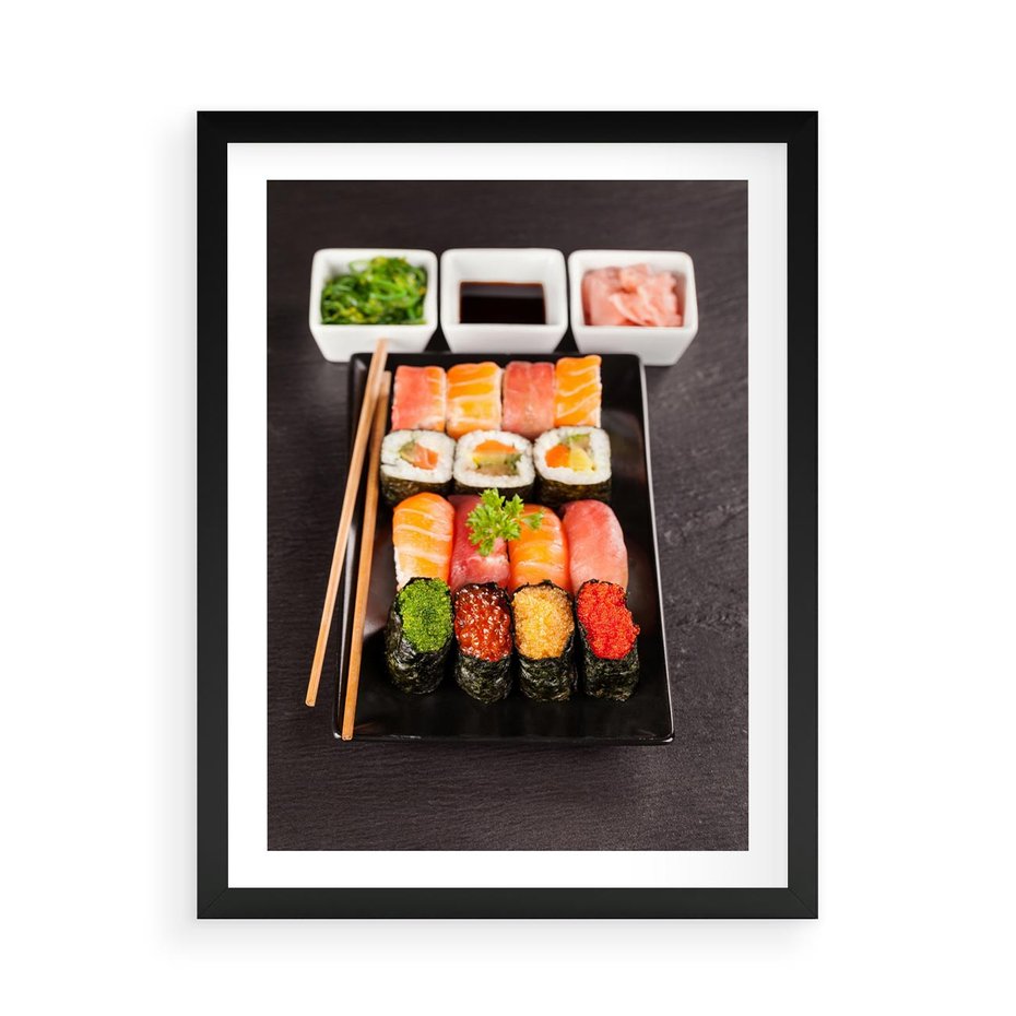 Plakat w ramie 50x70 - Kulinarne podróże do Japonii - sushi, japonia - rama czarna