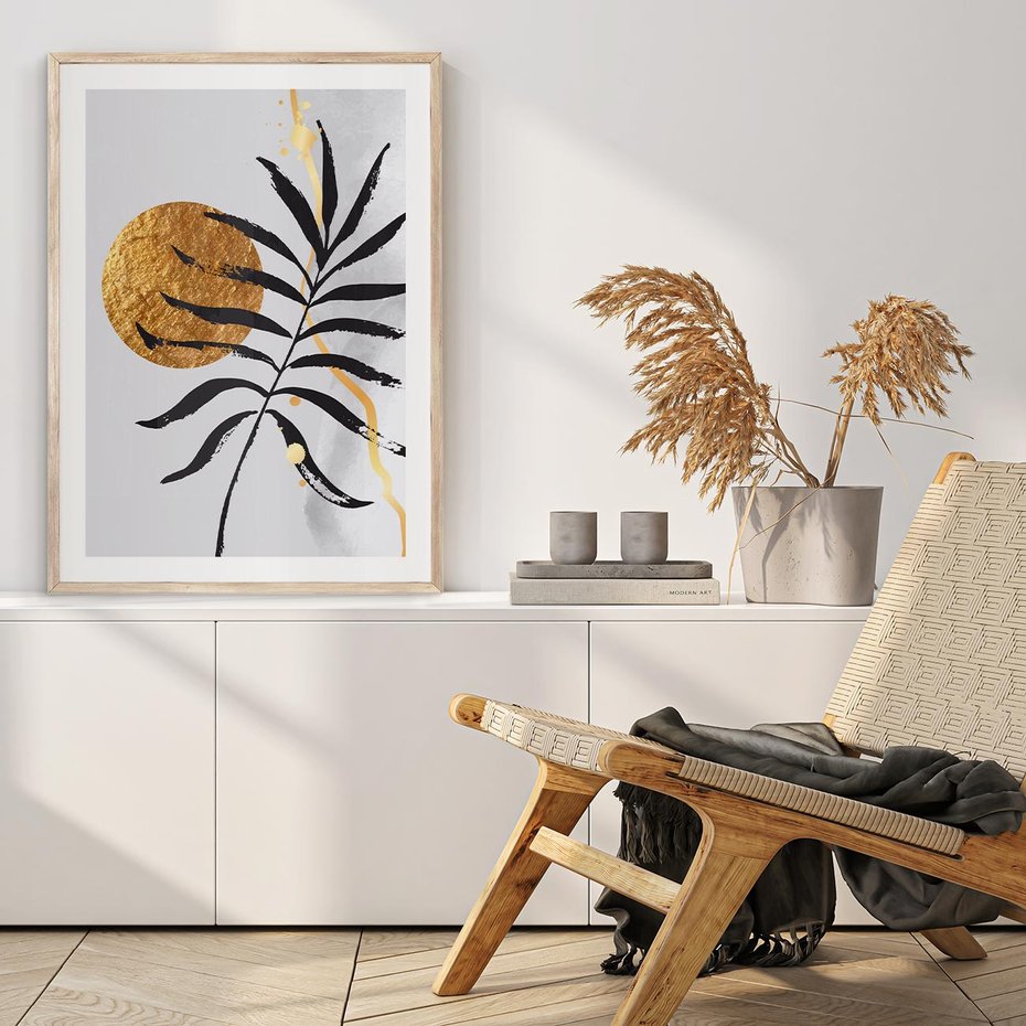 Plakat w ramie 30x40 - Grafika z Czarnym Liściem Palmy - czarny liść palmy, złóte kołó - rama drewno