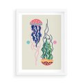 Plakat w ramie 50x70 - Morskie Pulsacje - nowoczesny optymistyczny plakat, kolorowe meduzy - rama biała